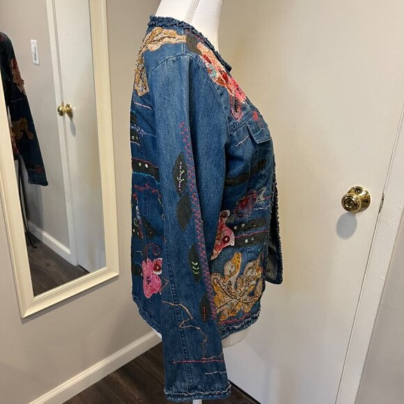 Chico's Beaded & Sequined Patchwork Denim Jacket, Size 0 (US Small/4) - Picture 7 of 15